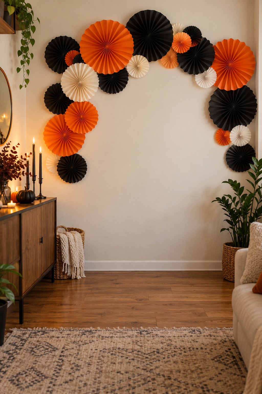 Black orange and cream paper fan photo backdrop