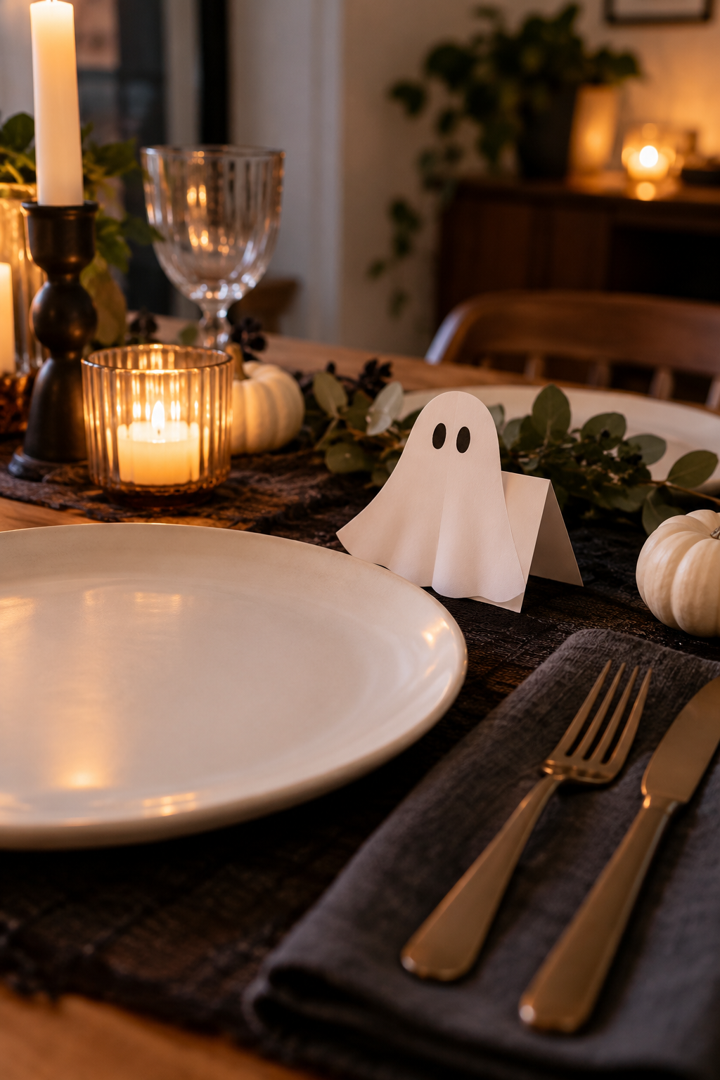 Ghost shaped card beside a dinner plate