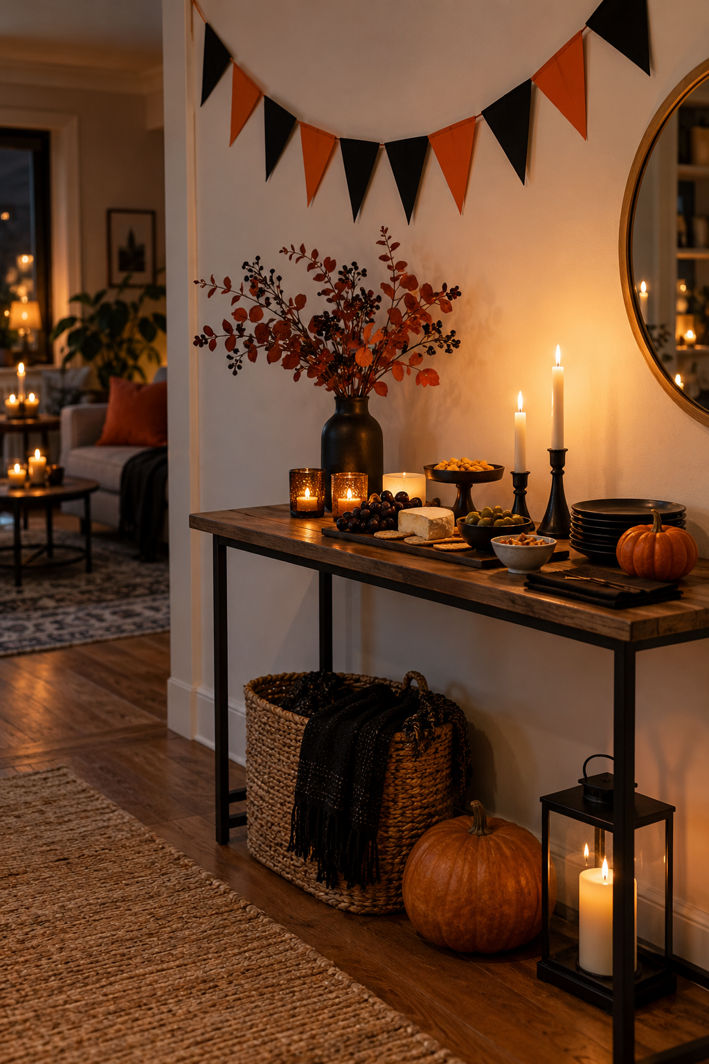 Short black and orange pennant banner above a serving table