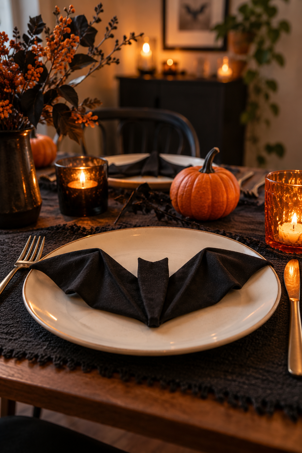 Dark napkin folded into a bat inspired shape on a cream plate