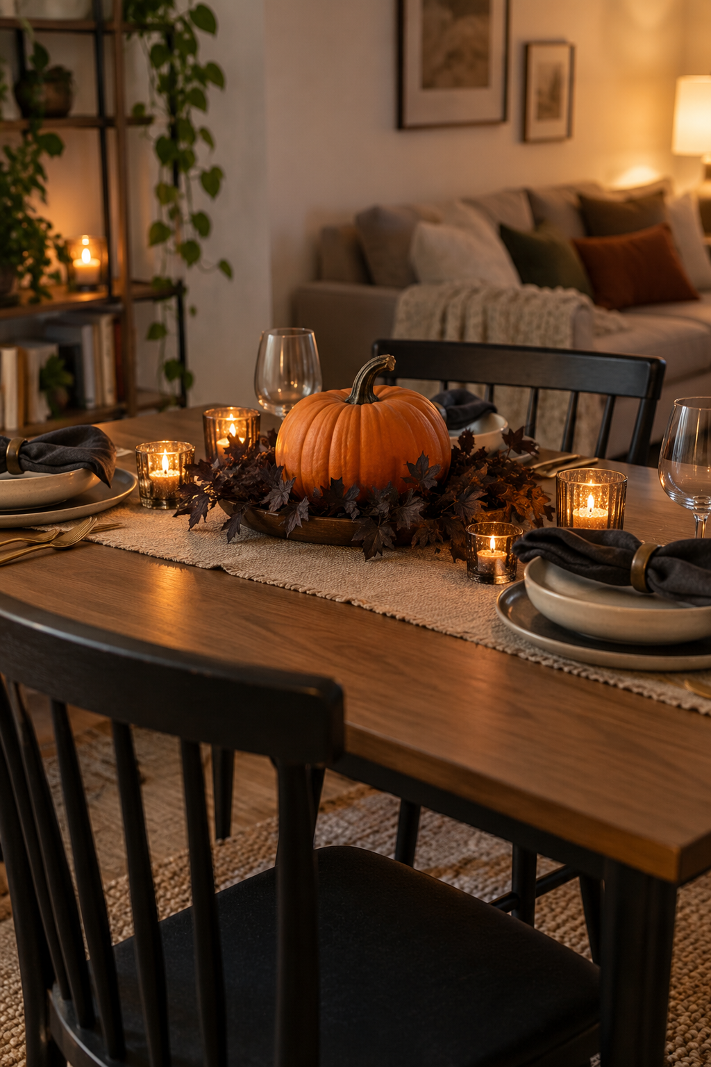 Low pumpkin centerpiece between dinner place settings