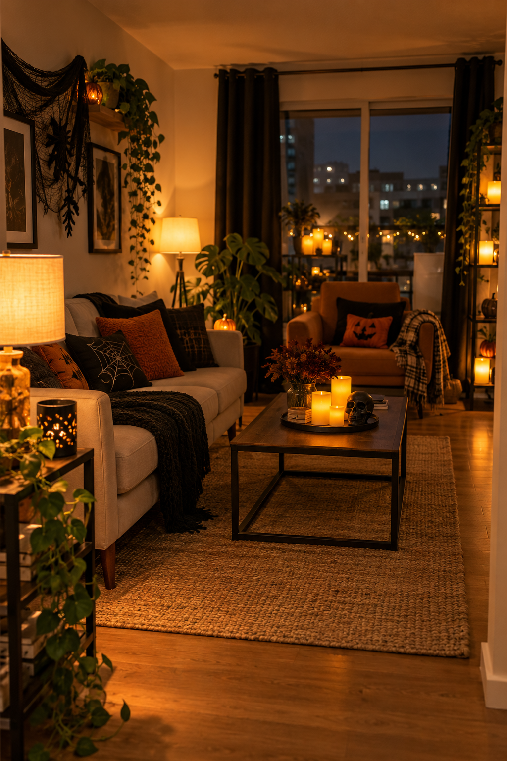 Warmly lit apartment seating area with a clear walking route