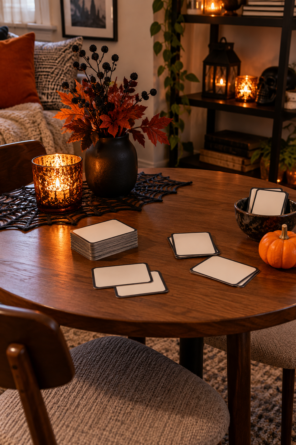 Halloween tabletop game area with a stack of cards