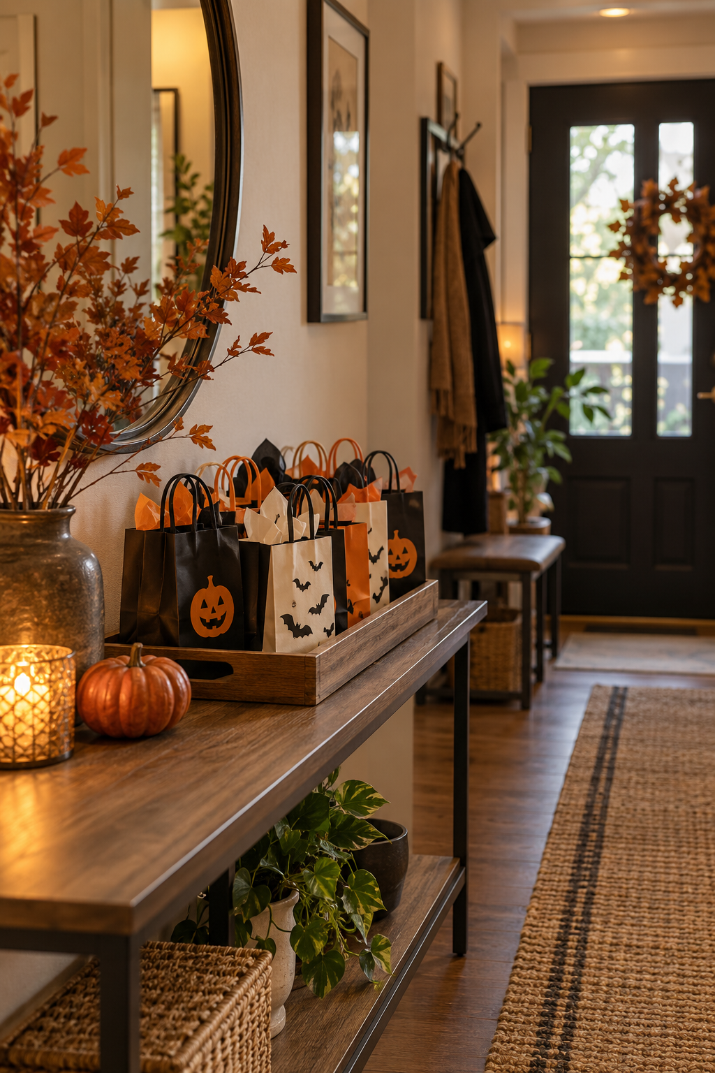 Small Halloween favor bags arranged on a tray