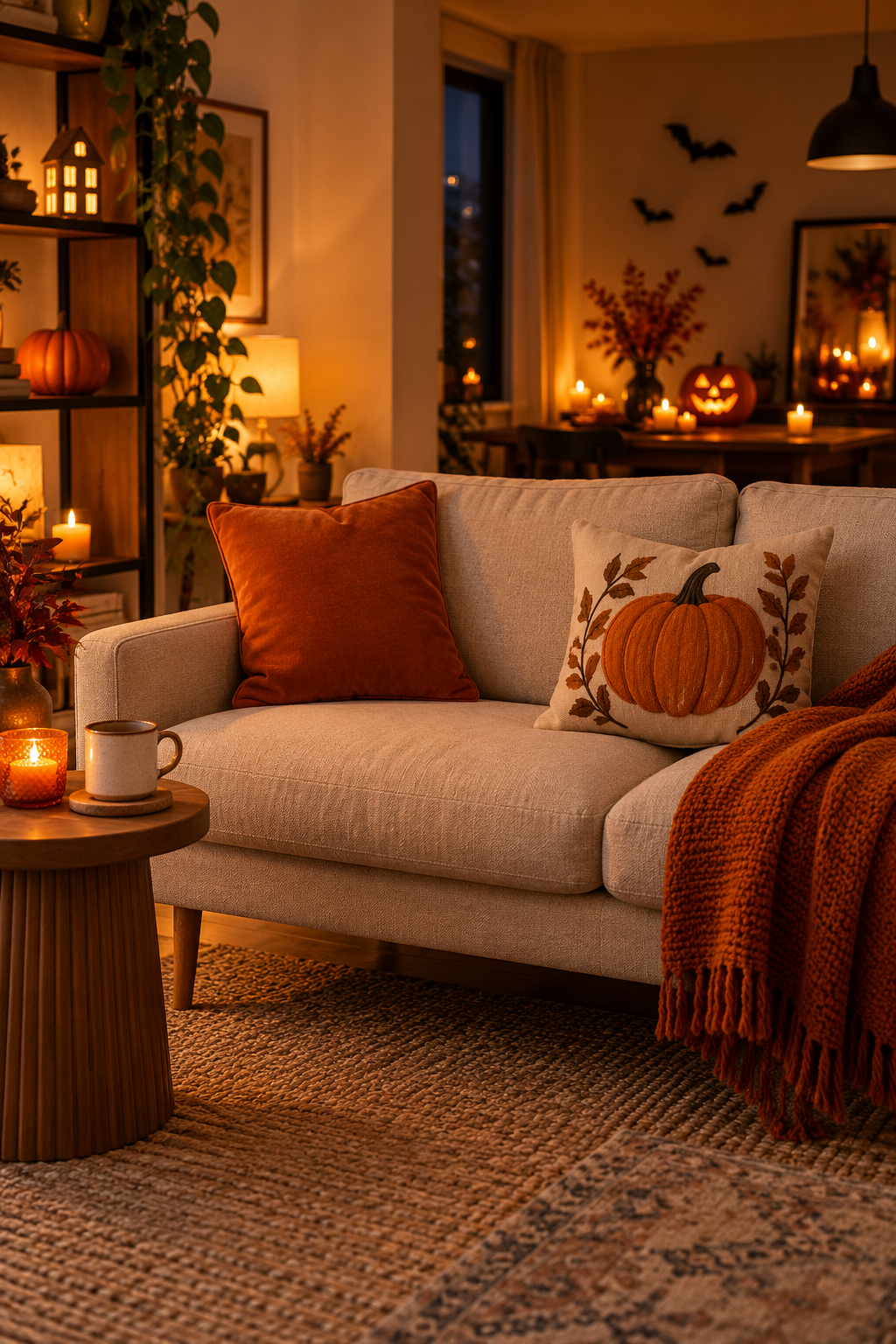 Comfortable sofa with autumn cushion covers and a cup table