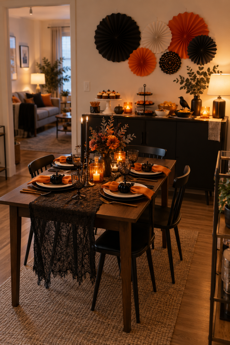 Small apartment Halloween party table and paper fan backdrop