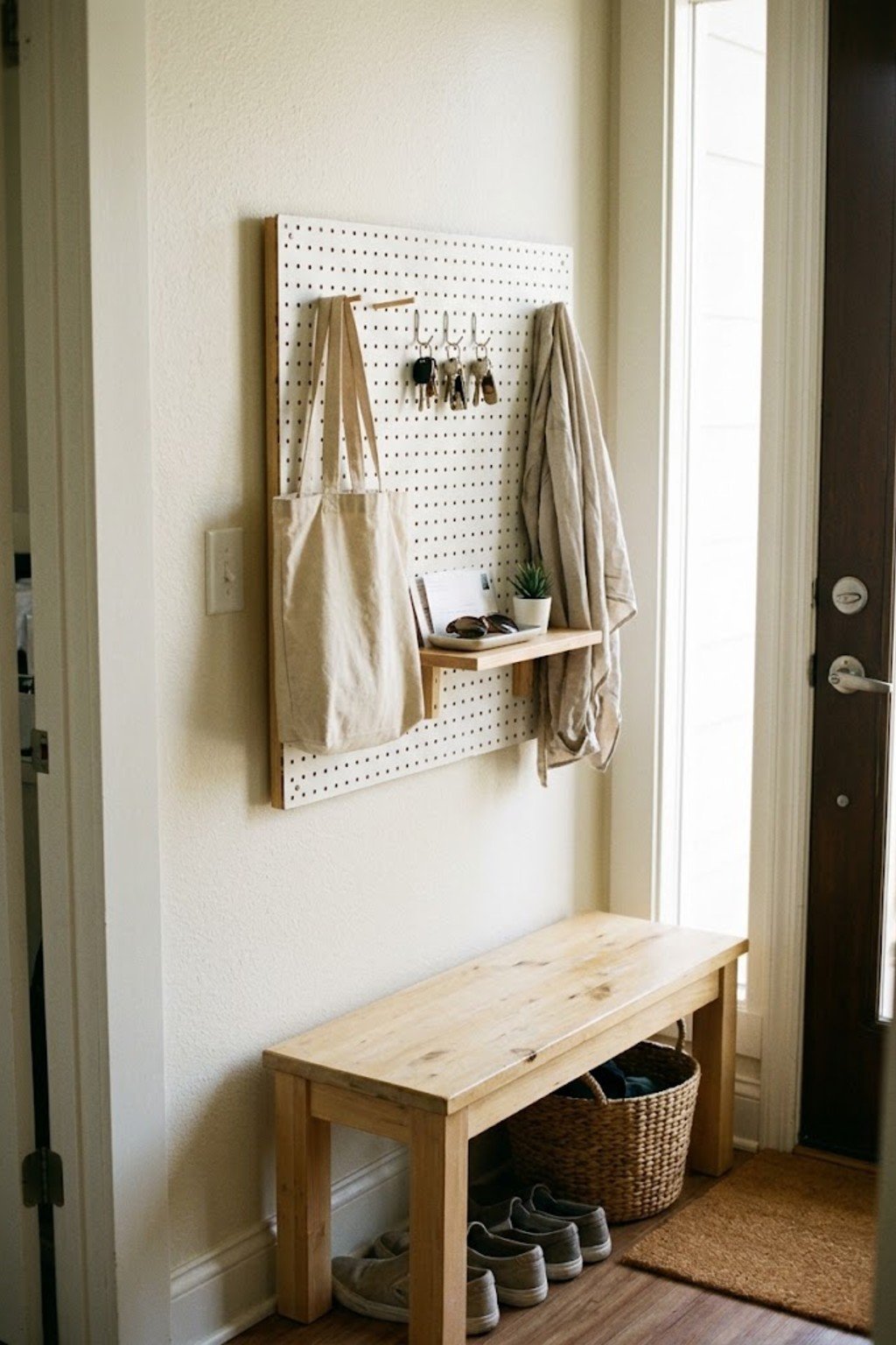 White pegboard entry station with bag, keys and small shelf by the door