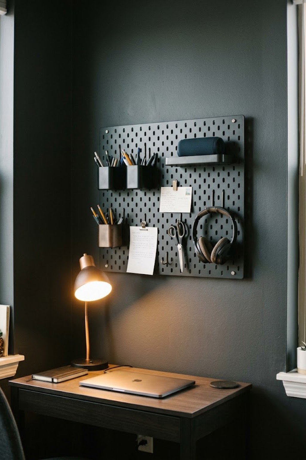 Black metal pegboard with office supplies above a desk on a charcoal wall
