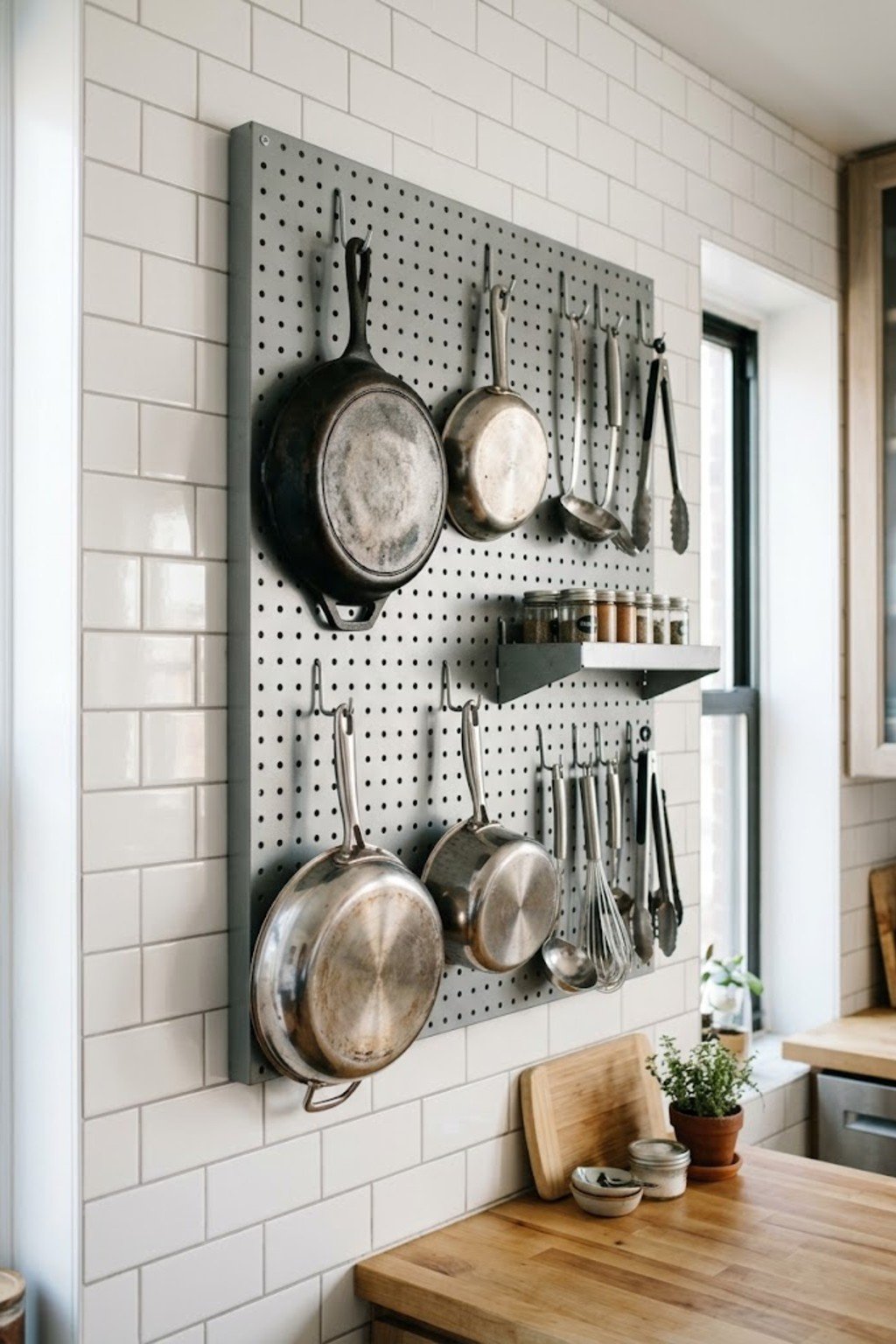 Metal pegboard holding pots and pans on a kitchen wall