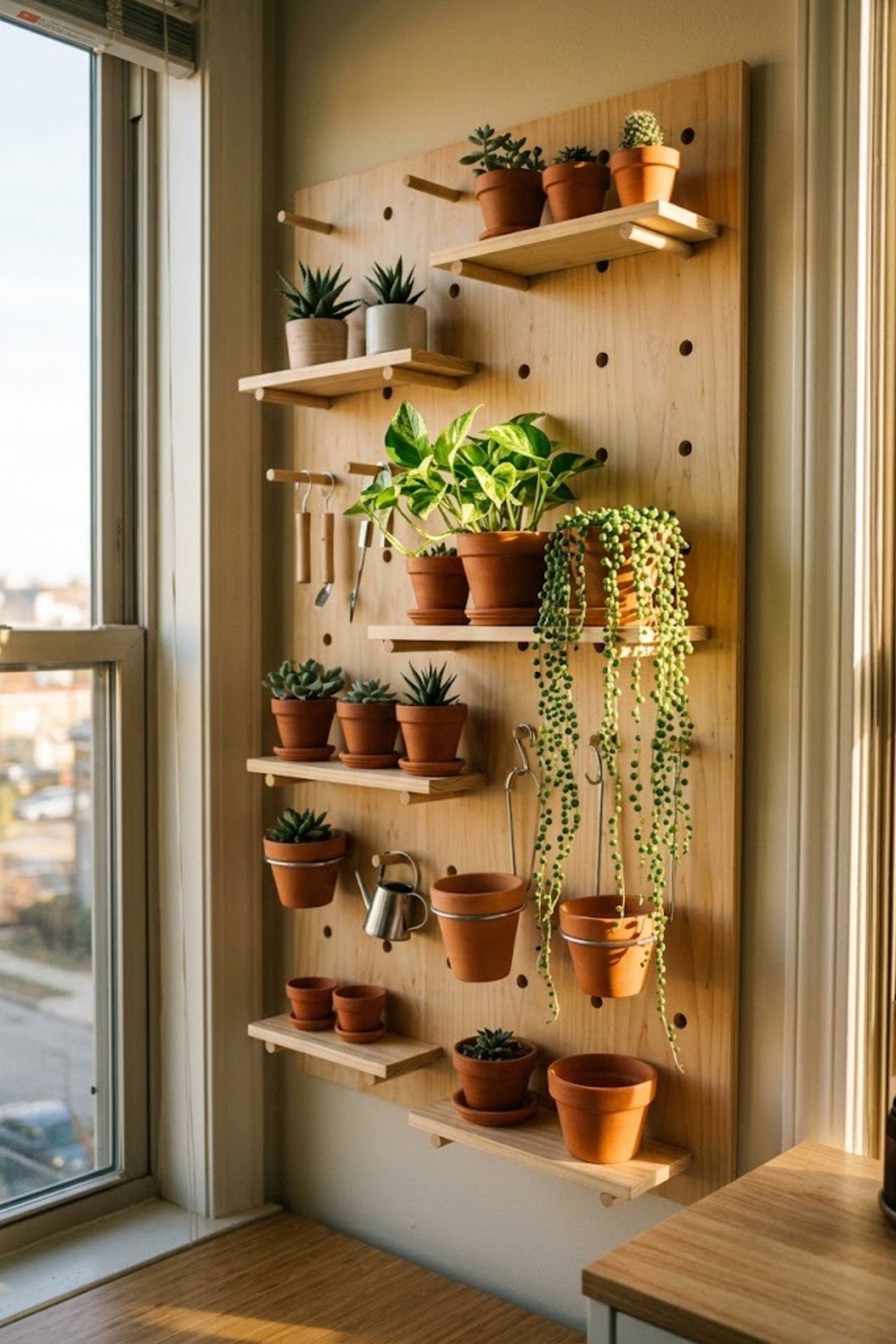 Wood pegboard with small shelves holding potted plants by a window