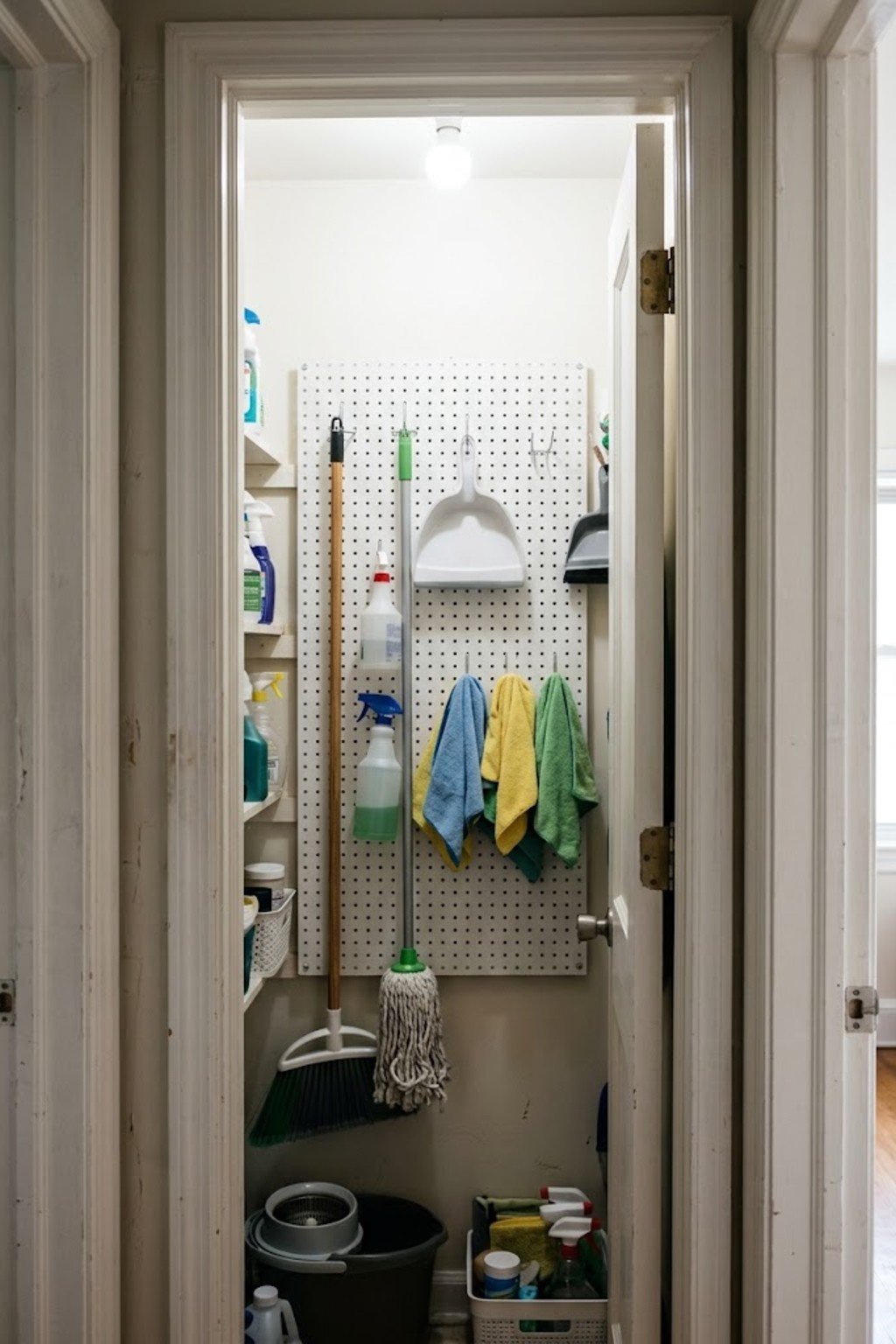 Pegboard in a utility closet holding broom, mop and cleaning supplies