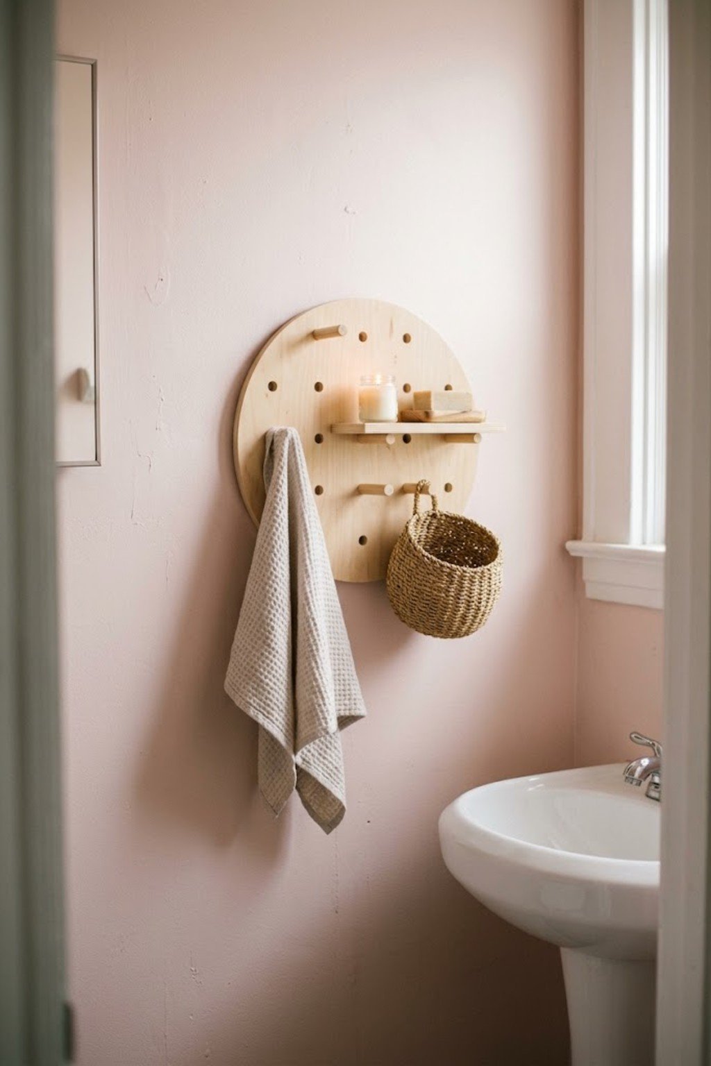 Round wood pegboard with towel and small shelf on a blush bathroom wall