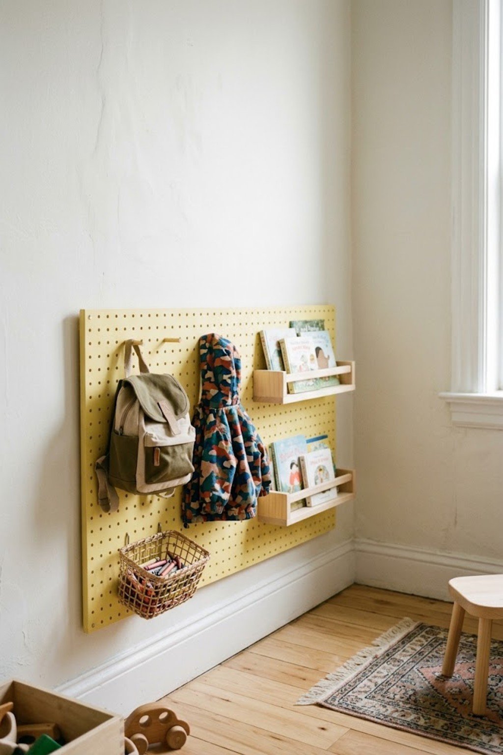 Low yellow pegboard holding a kids backpack and art supplies