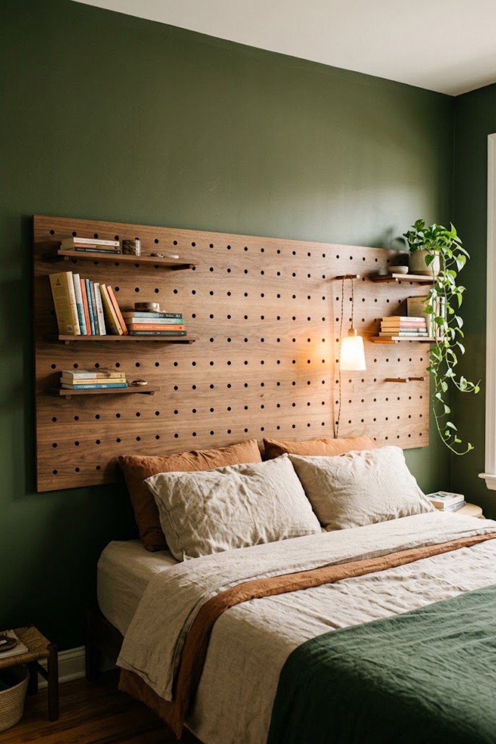 Walnut pegboard headboard with small shelves behind a bed on an olive wall
