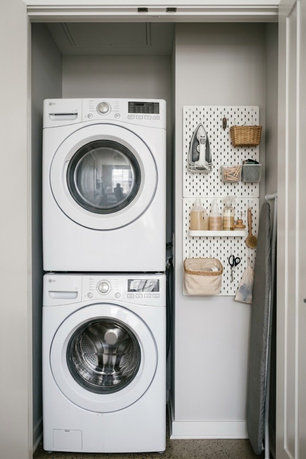 Pegboard above a washer and dryer holding laundry supplies