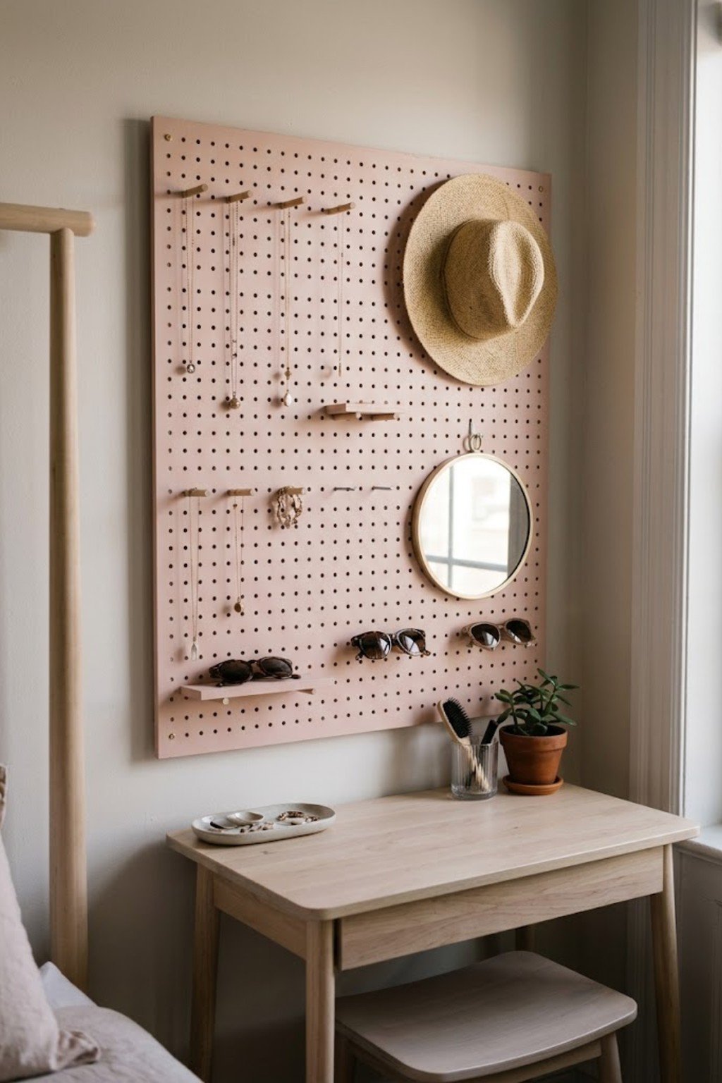 Pegboard with hanging necklaces, hat and small mirror in a dressing corner
