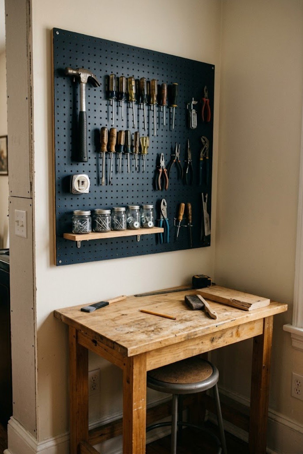 Navy pegboard organizing hand tools above a small workbench