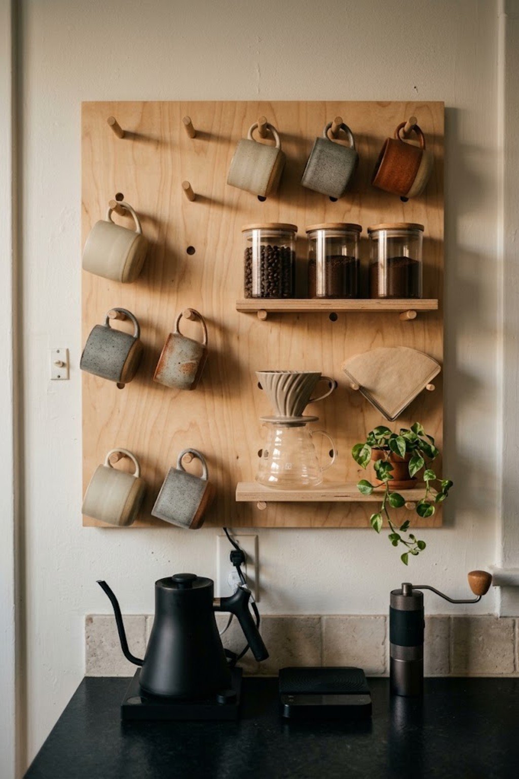 Wood pegboard coffee station with mugs and pour-over on a kitchen wall