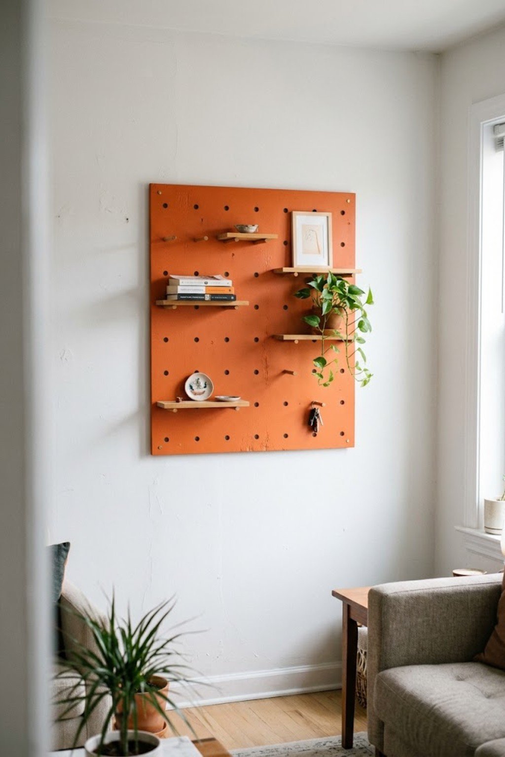 Terracotta painted pegboard as wall art in a small living room