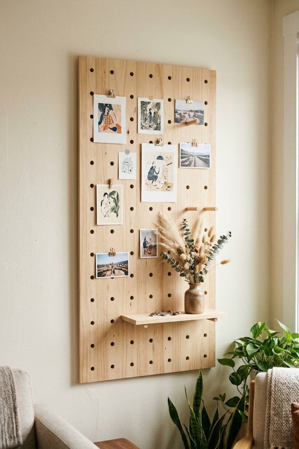 Wood pegboard used to display clipped prints and postcards