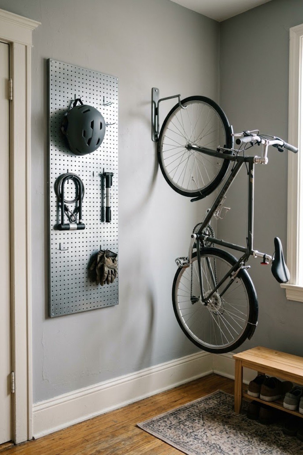 Metal pegboard with helmet, lock and pump next to a hanging bike