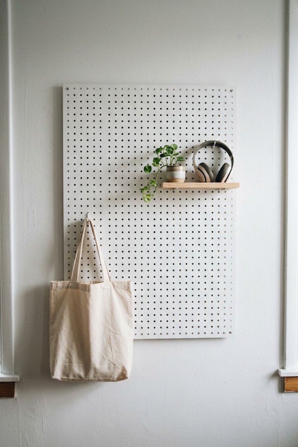 Minimal white pegboard with only a few items and empty space