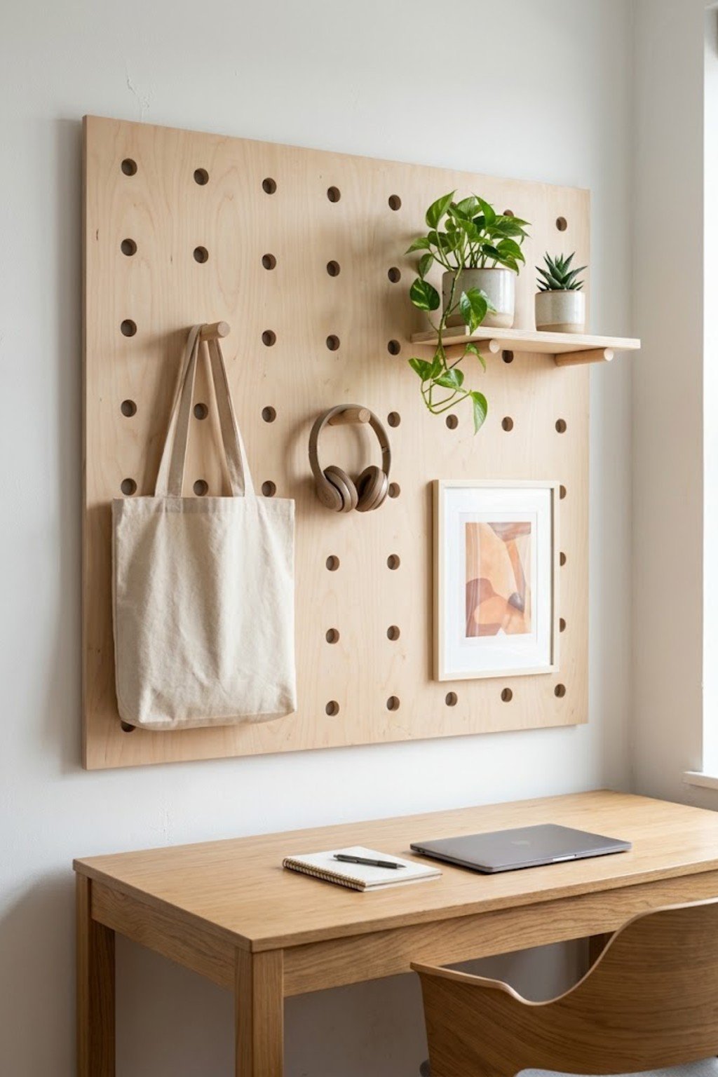 Natural birch pegboard wall with shelves, plants and bags above a desk
