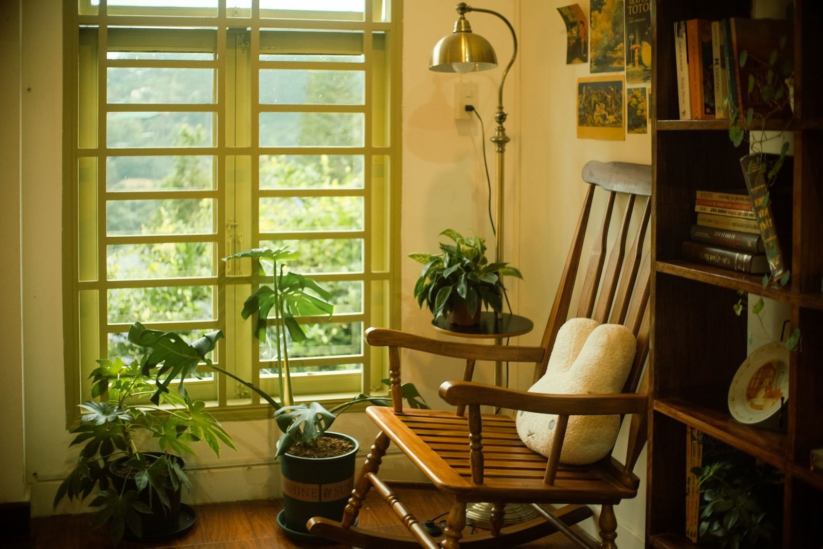 Reading chair beside a sunny window with a bookshelf and plants