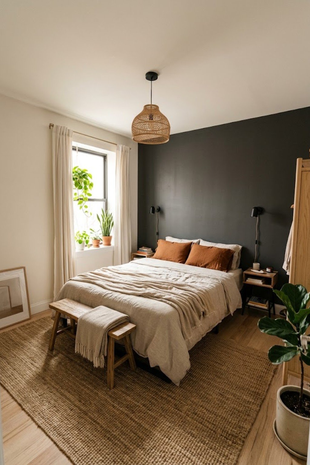 Wide view of a cozy small rental bedroom with full decor