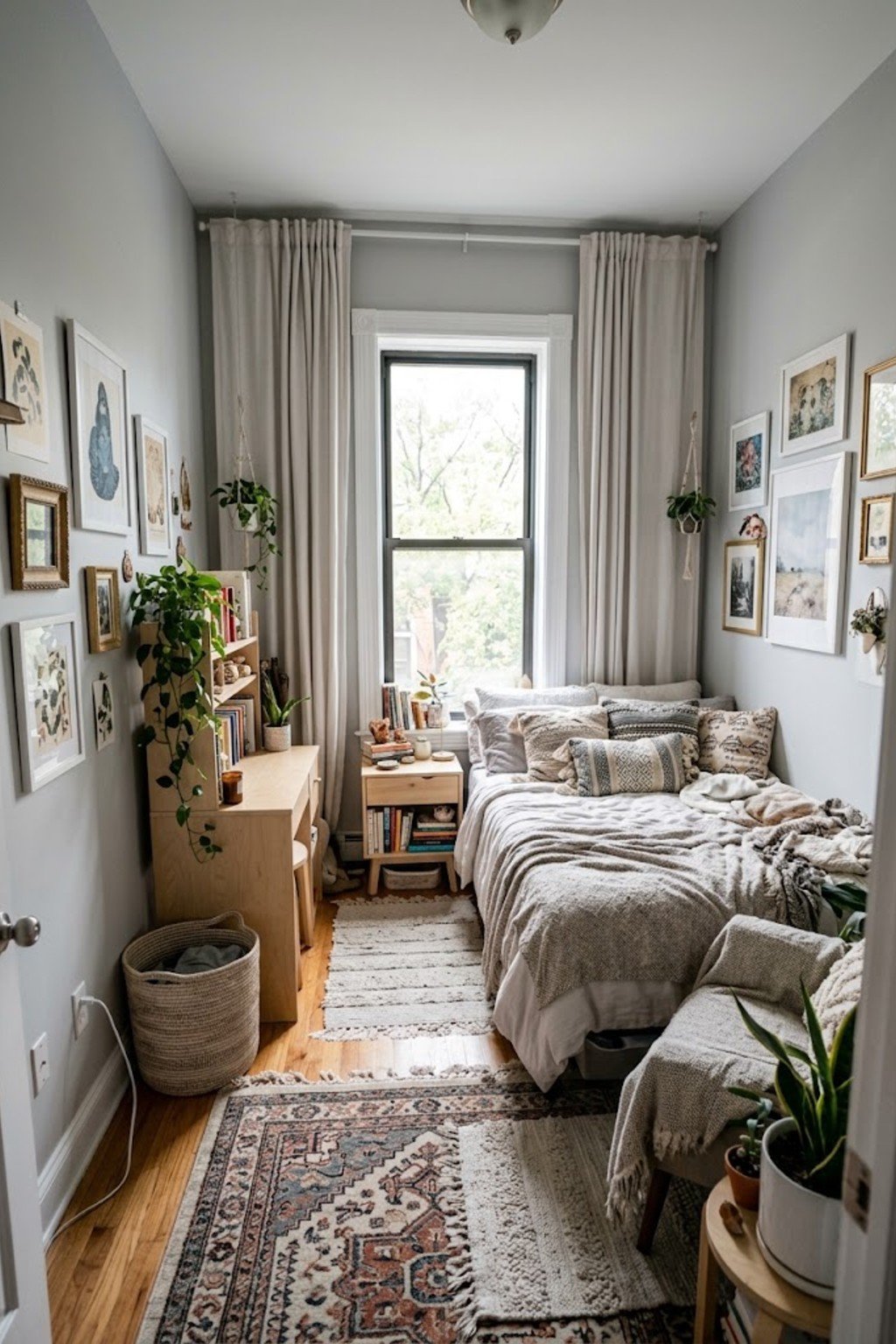 Curtains hung high to make bedroom windows look taller