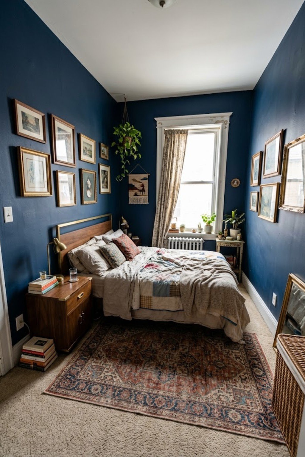 Large area rug layered over rental bedroom carpet
