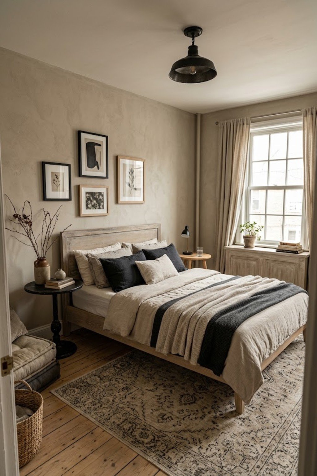 Small round side table used as a nightstand