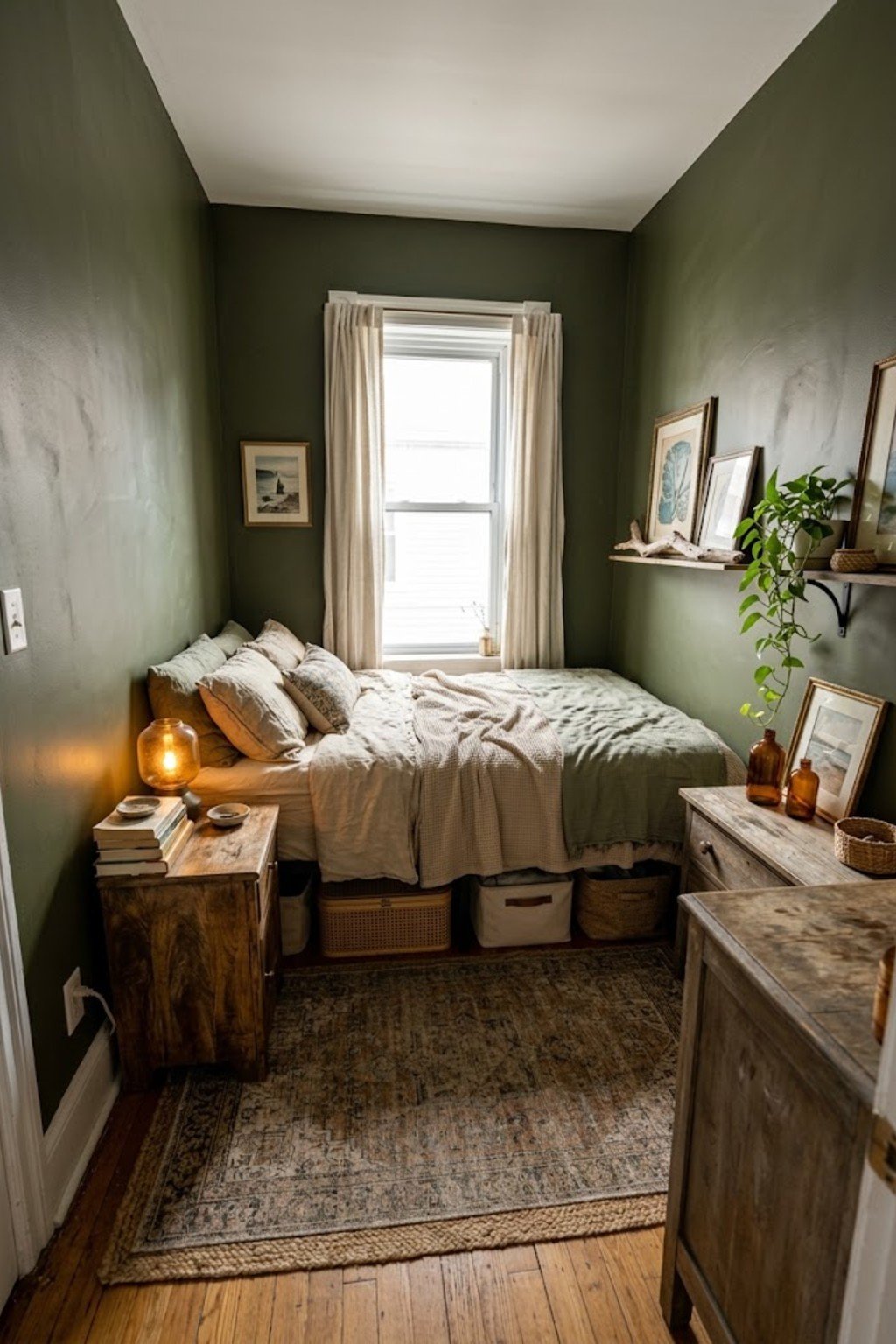 Lidded under-bed storage bins in a small bedroom