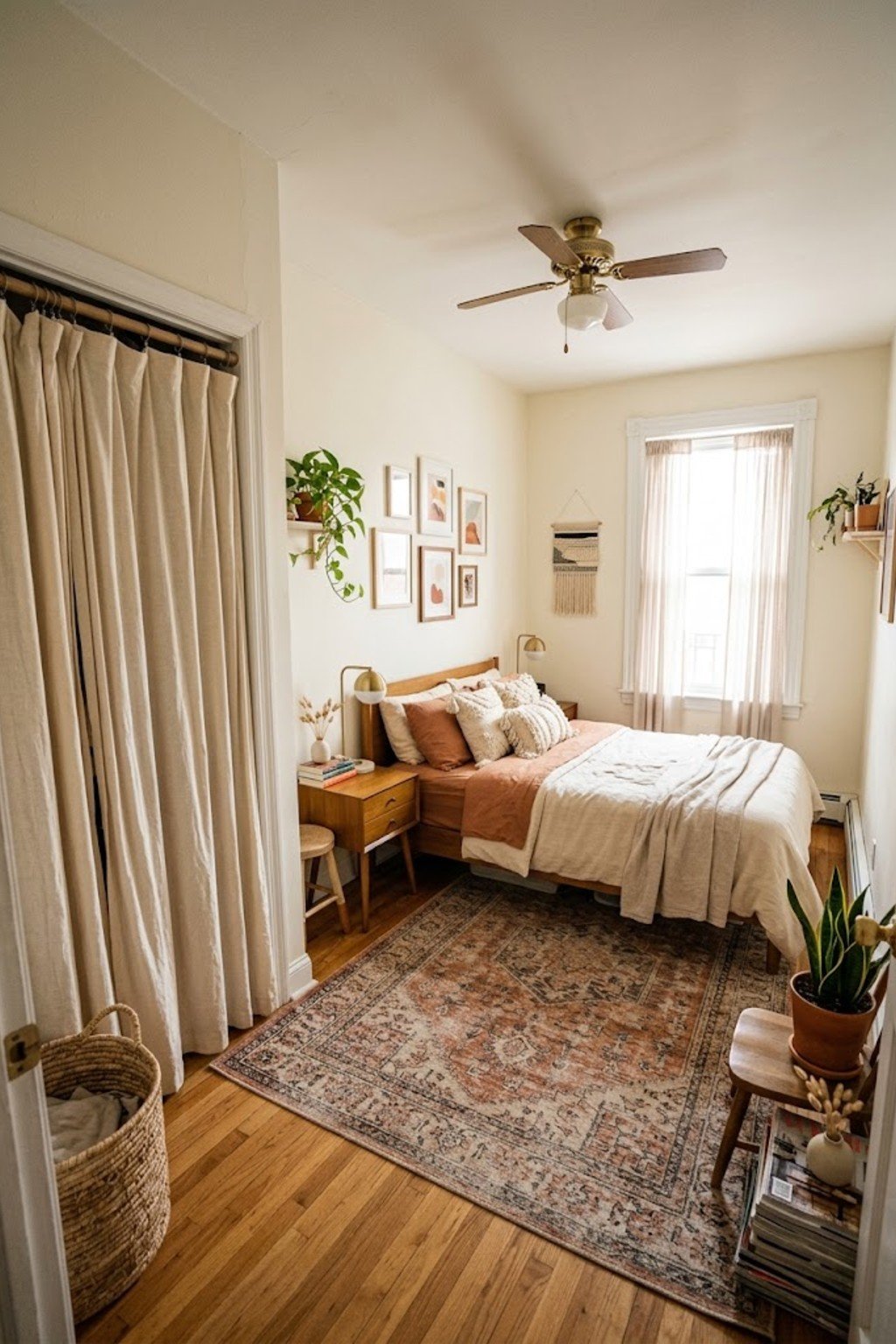 Closet curtain replacing bifold doors in a bedroom