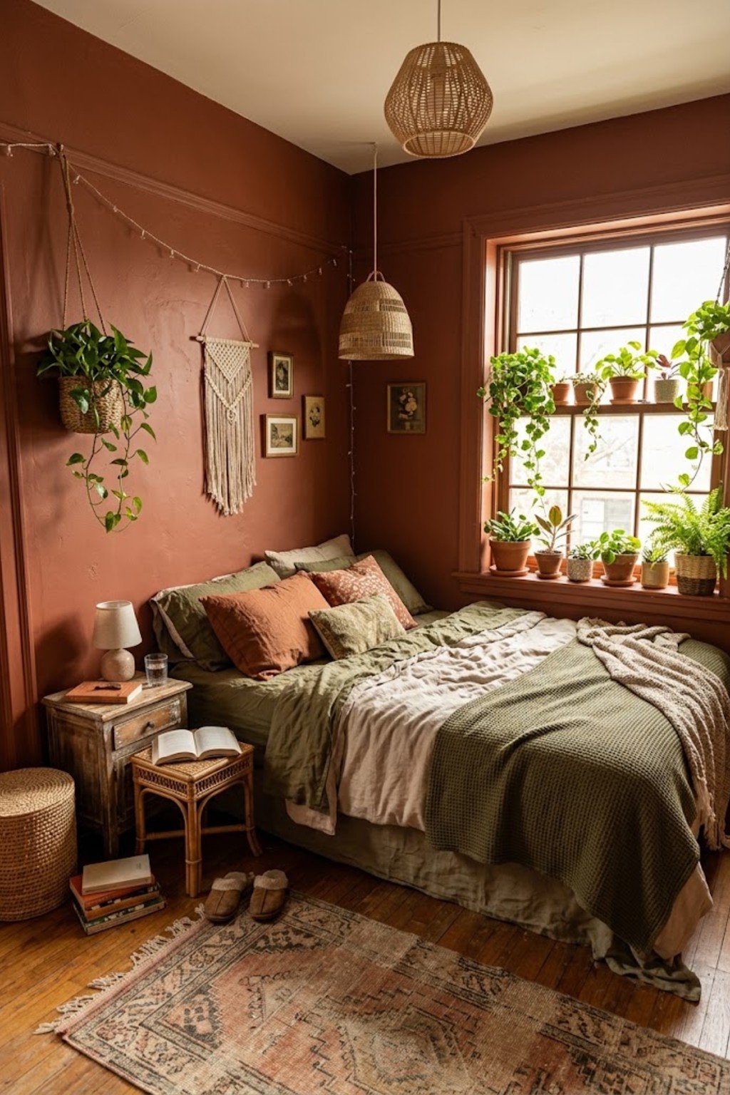 Potted plants lined on a bedroom windowsill