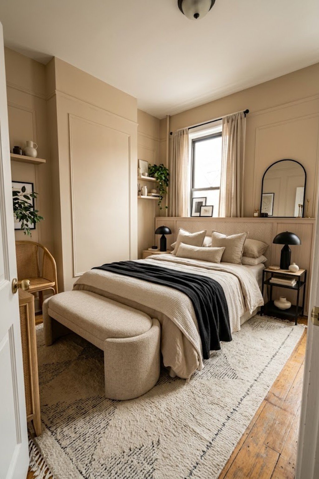 Upholstered bench at the foot of a bed
