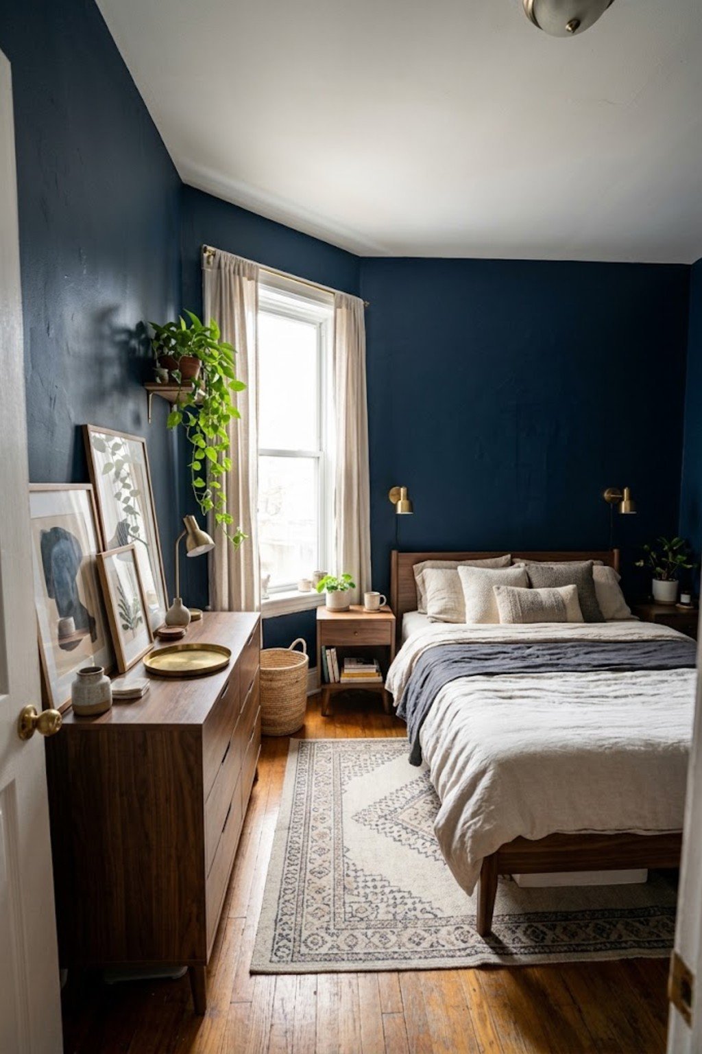 Framed prints leaning on a bedroom dresser