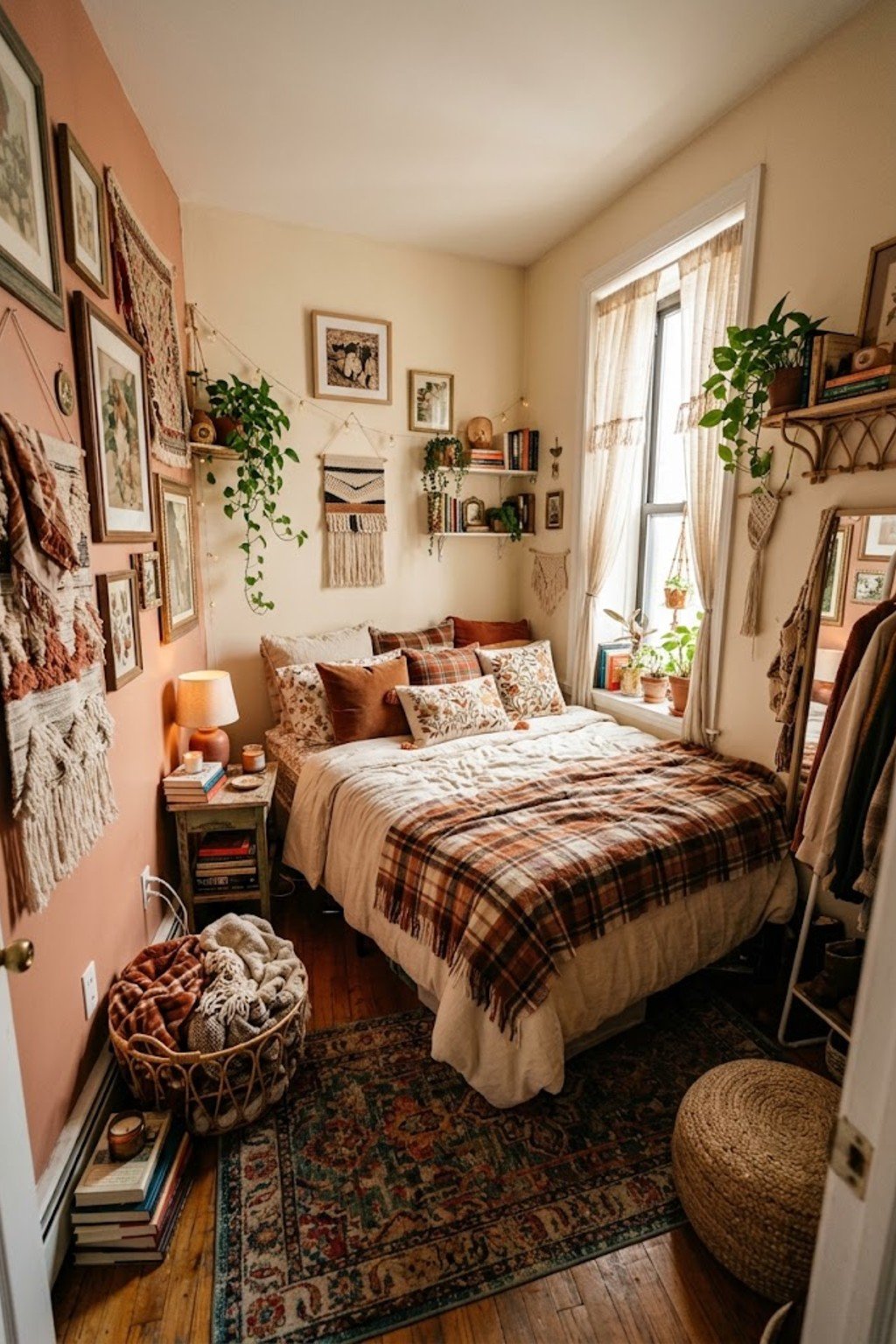 Fall throw pillows and blanket on a rental bed