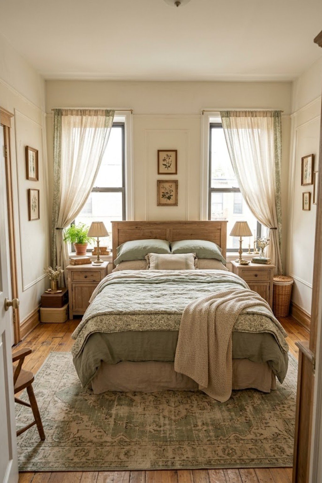 Bed centered between two windows in a small bedroom