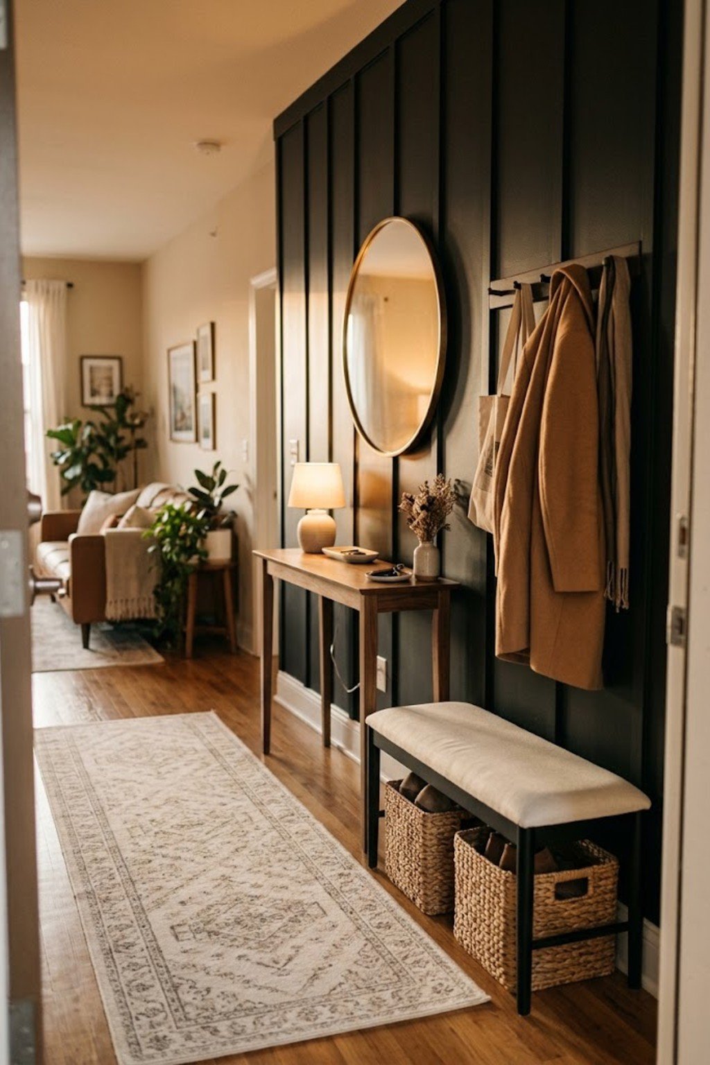 Stylish small apartment entryway with console, mirror and bench