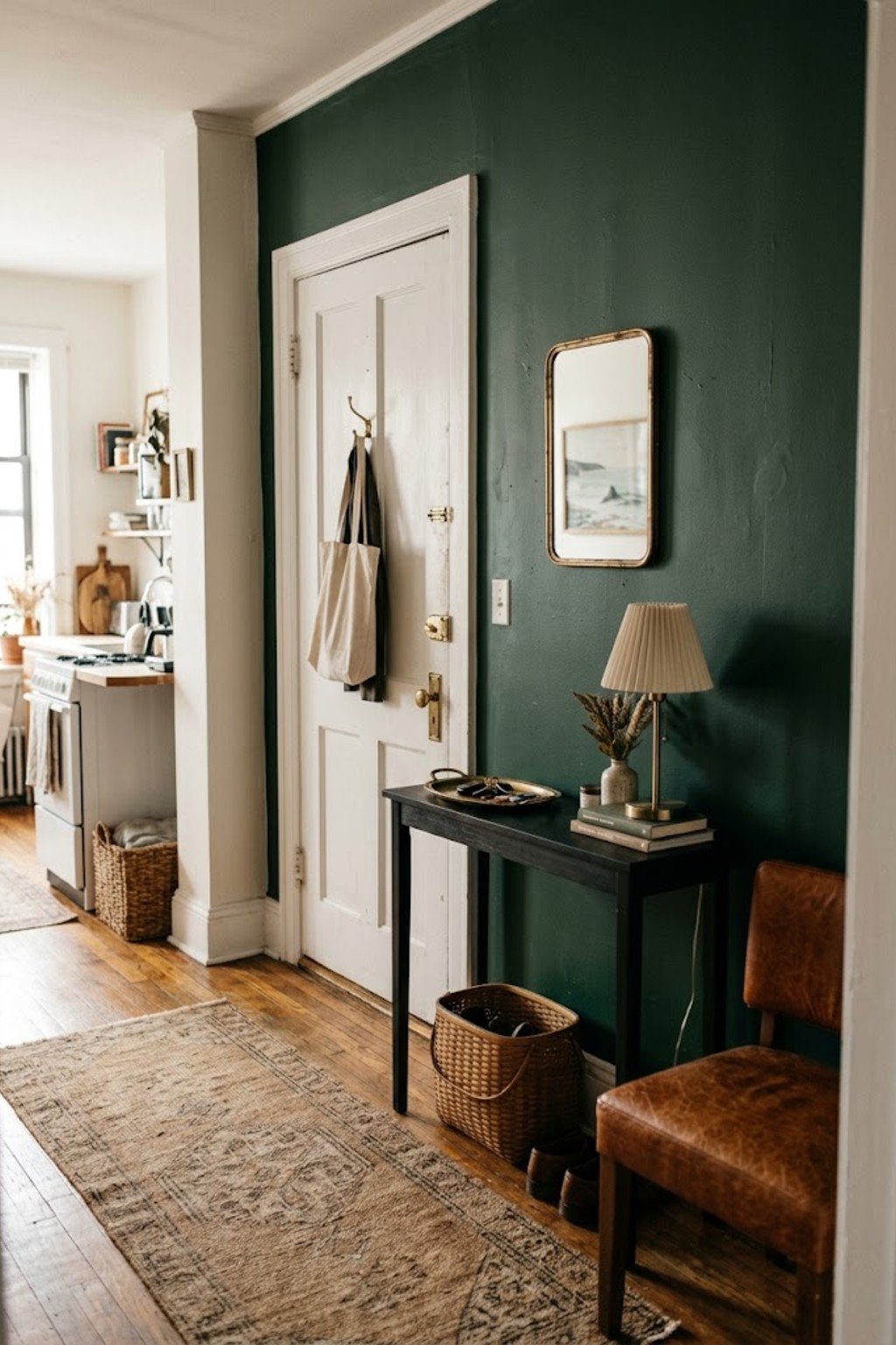 Slim console table with a tray by an apartment door