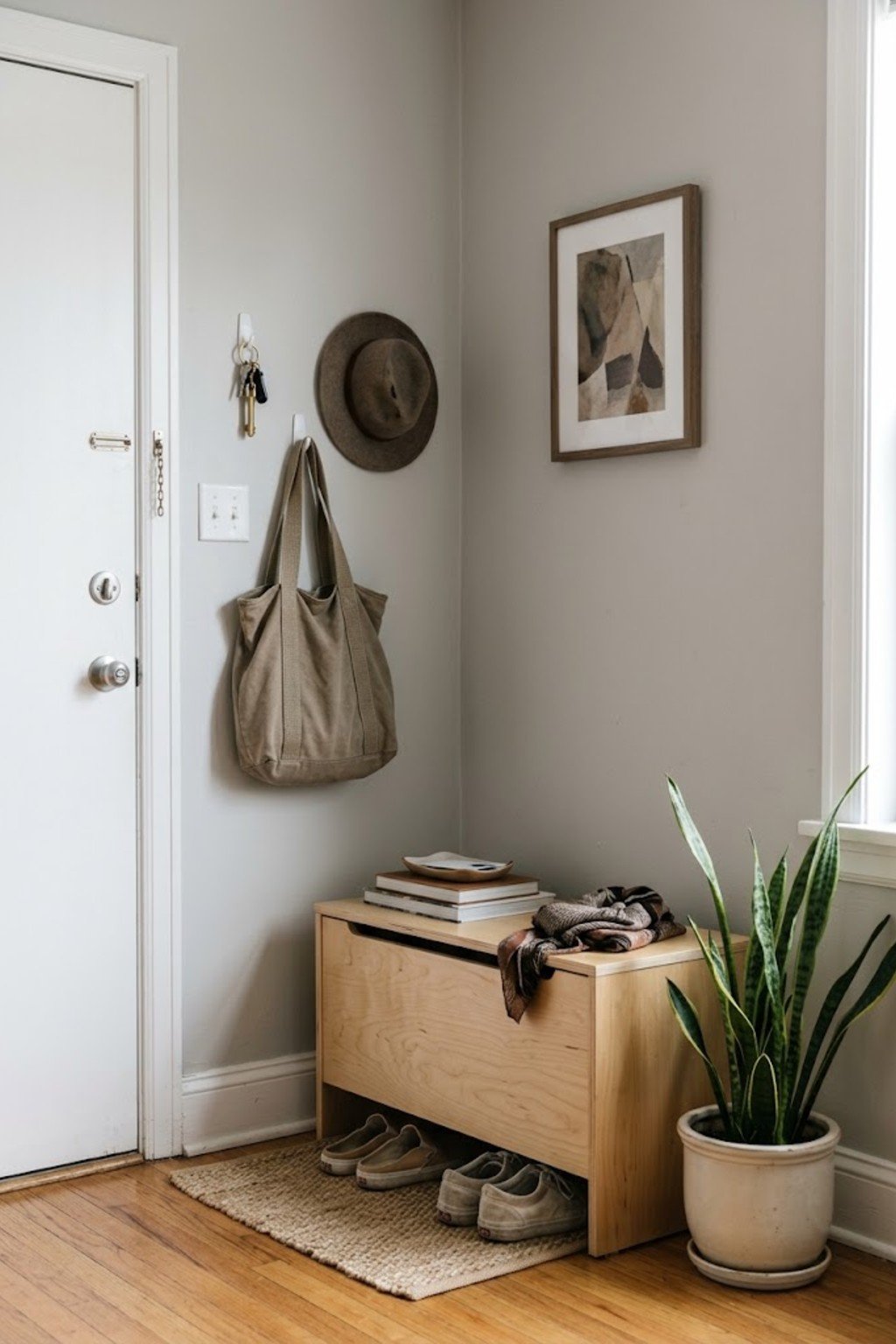 Adhesive wall hooks holding keys and a tote bag