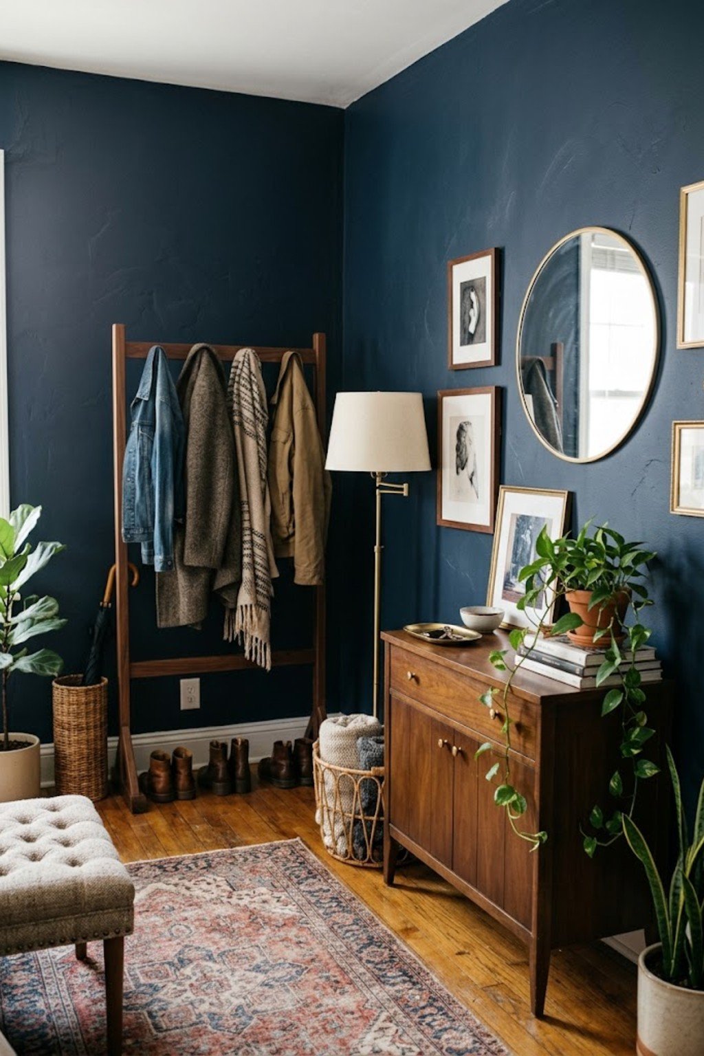 Freestanding coat rack with jackets and a scarf