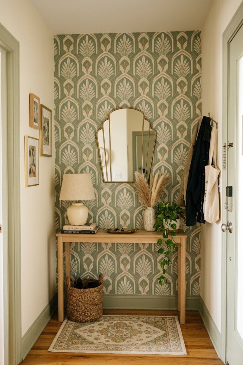 Peel-and-stick wallpaper in a small entryway