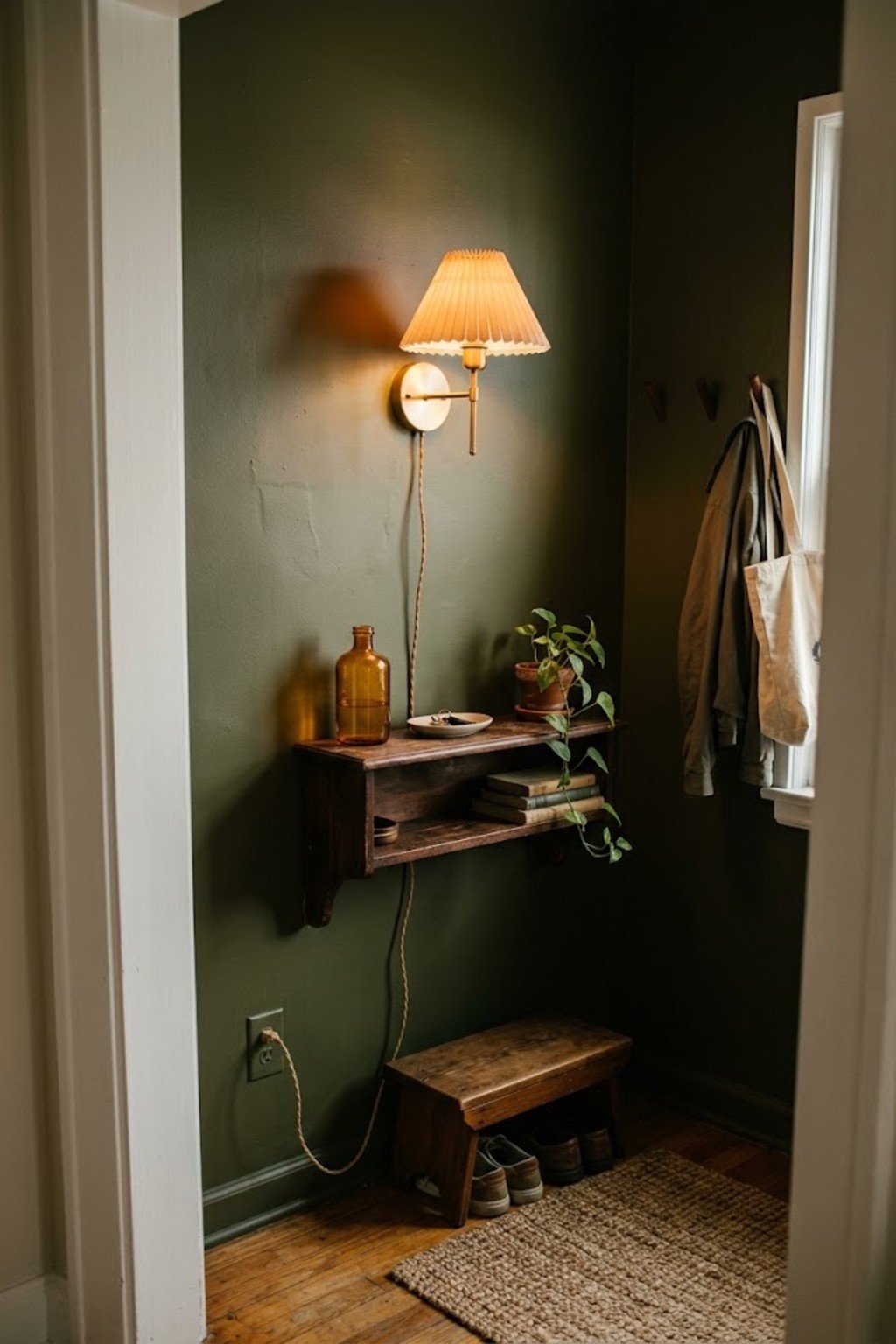 Plug-in wall sconce lighting a dark entry