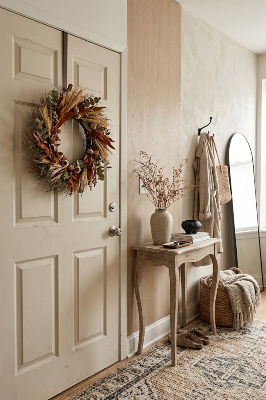 Fall wreath on an over-the-door hanger on an apartment door