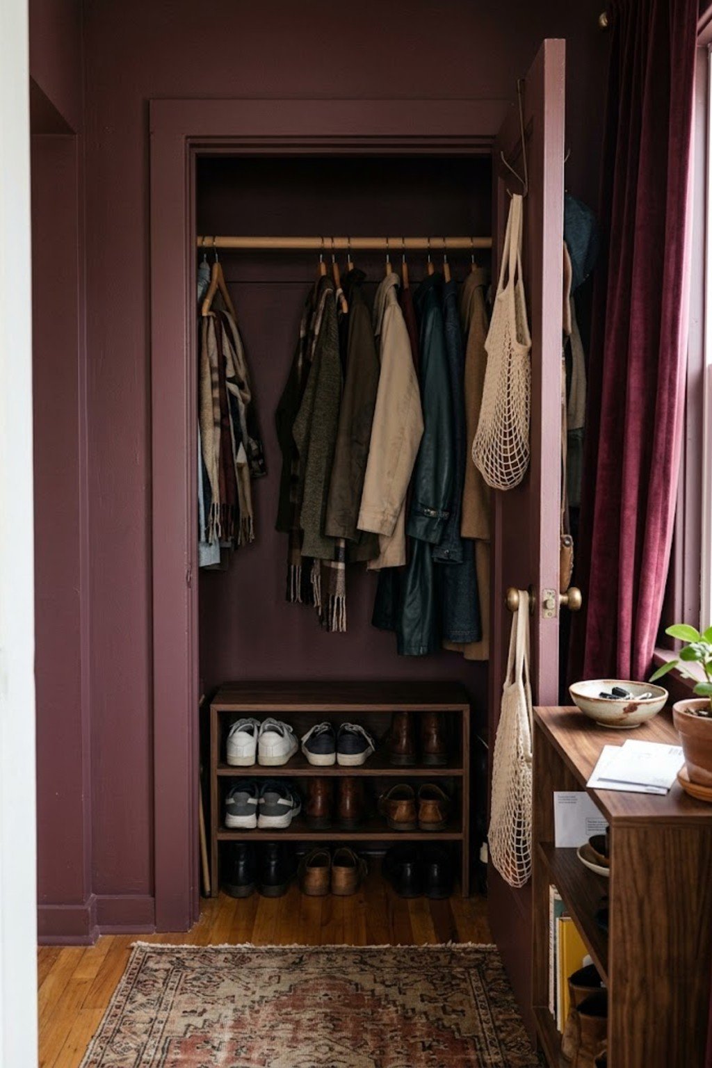 Stackable shoe rack inside an entry closet