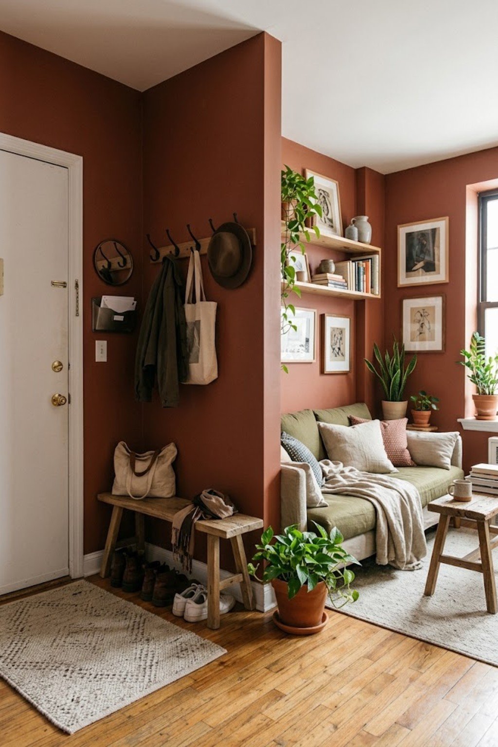 Rug and bench creating an entry zone in a studio apartment