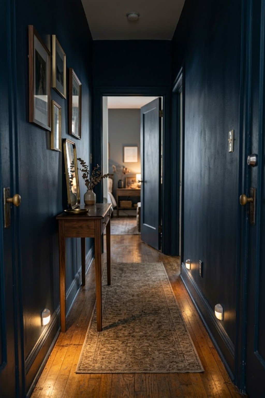 Battery motion-sensor light in a dark apartment hallway