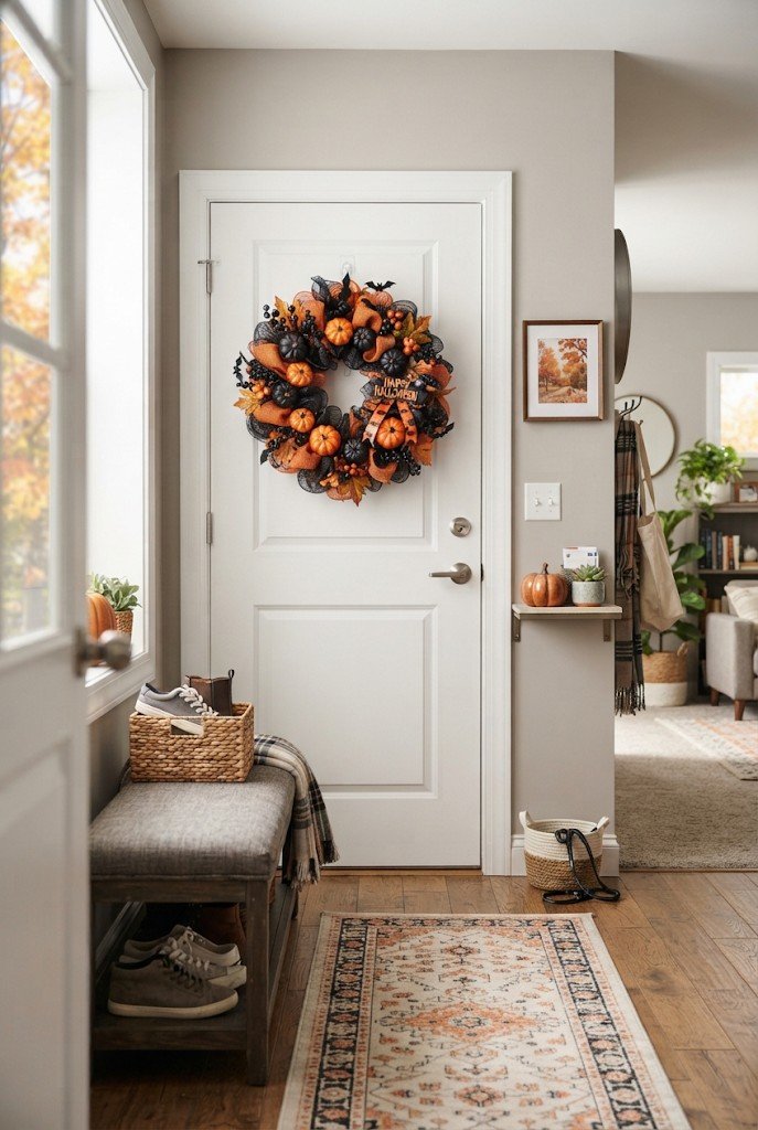 Halloween wreath hung on a removable adhesive hook inside an apartment